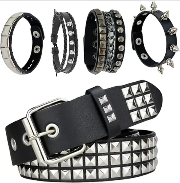 5Pcs Goth Punk Rivet Accessory Set, 1 Black Studded PU Jeans Belt & 4 Spike Cuff Bracelets, Y2K Emo Grunge Hip Hop Streetwear Decor, Unisex Fashion Accessories for Men & Women