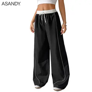 2026 Spring New Trendy Minimalist Black Wide Leg Pants with White Piping Elastic Waist Drawstring Chic Comfortable Casual Streetwear for Adults Womenswear Bottom Wideleg Trouser Basic