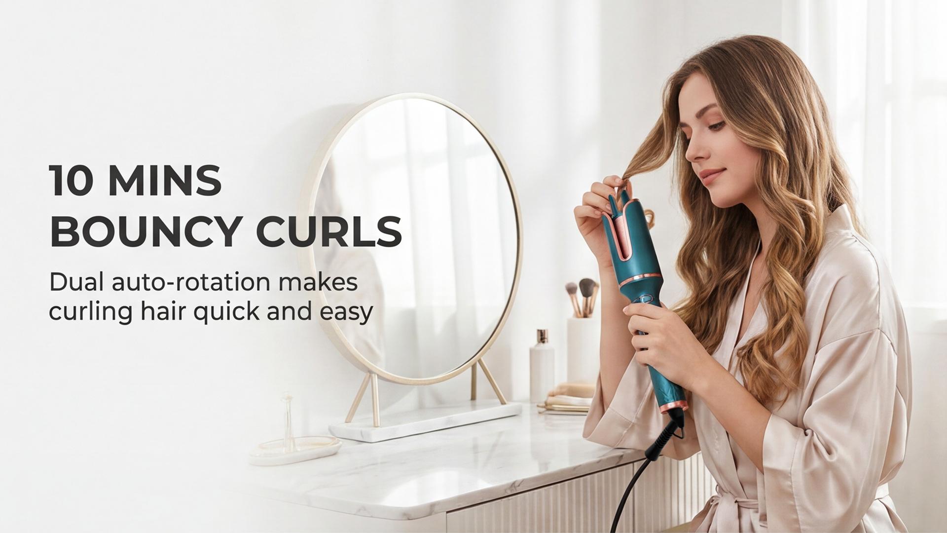 Automatic Rotating Curling Iron -  CURLPRO Beach Waves Curling Wand, Portable Hair Curler, 500 Million Ionic, Dual Voltage & Lightweight for Travel, Ceramic Coating, 1 Inch, Pink