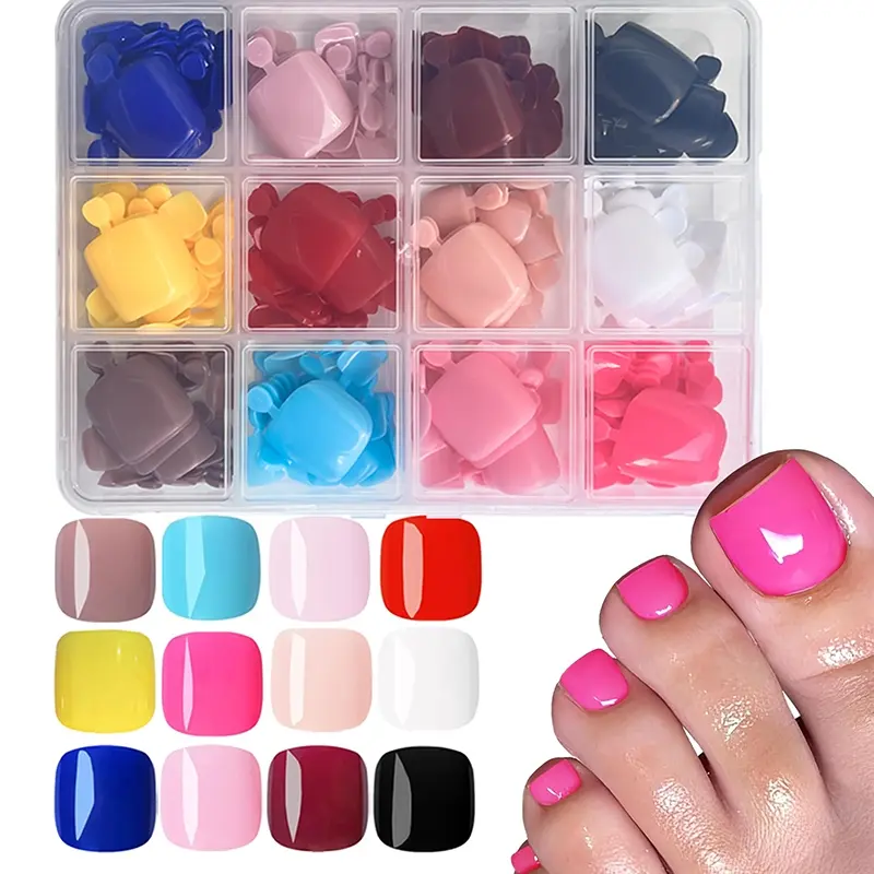 288pcs Glossy Colored Press on Toenails Kit - Dopamine 12 Colors Short Square Fake Toe Nails, Summer Shades, Natural Artificial Nail Tips, Removable Nail, Suitable for Women, Daily, Acrylic Press Nail, Diy False Toenails