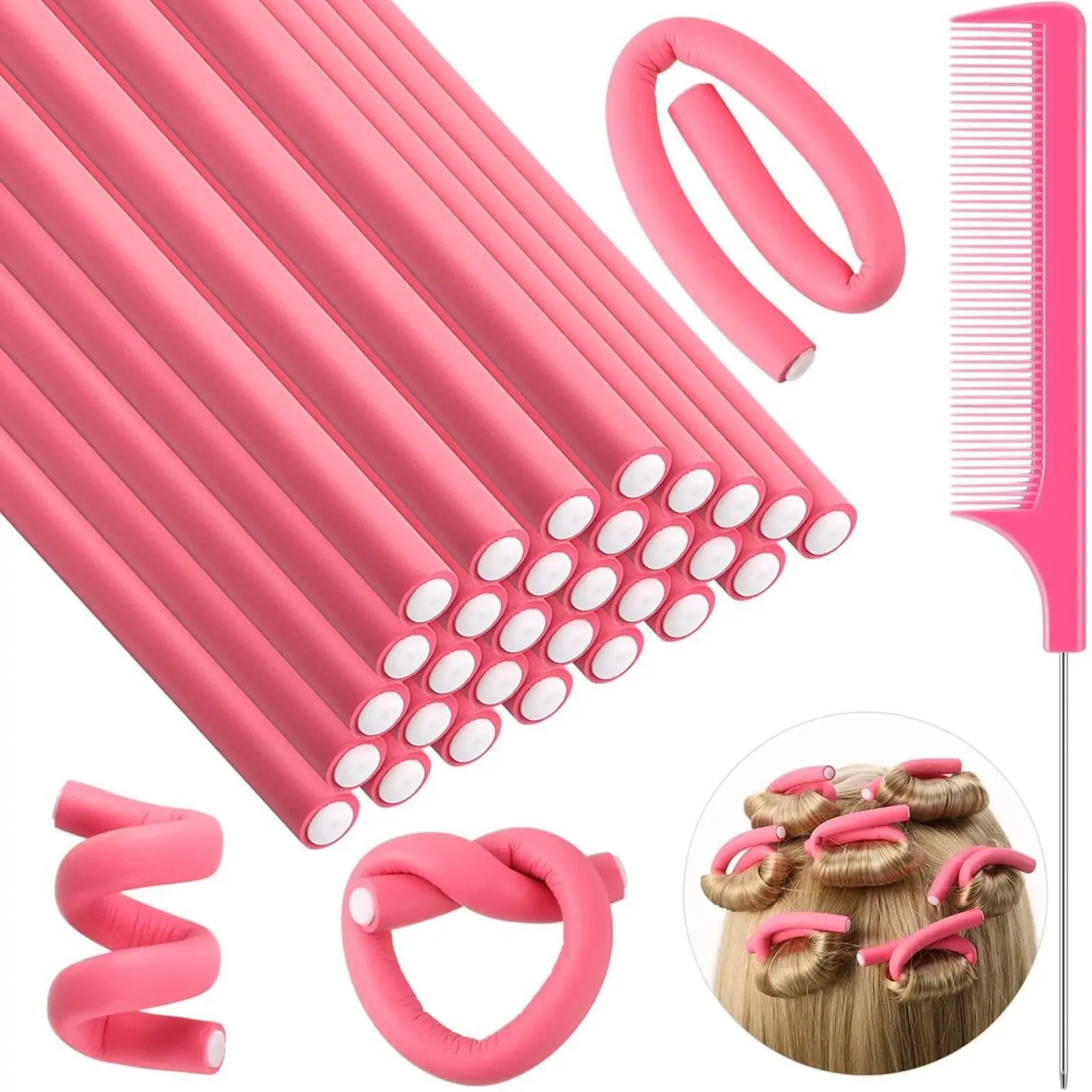 31 Pcs Heatless Hair Curlers, Flexible Foam Rollers for Short, Medium & Long Hair, No Heat Bendable Curling Rods, Soft Sleep-in Rollers, Pink