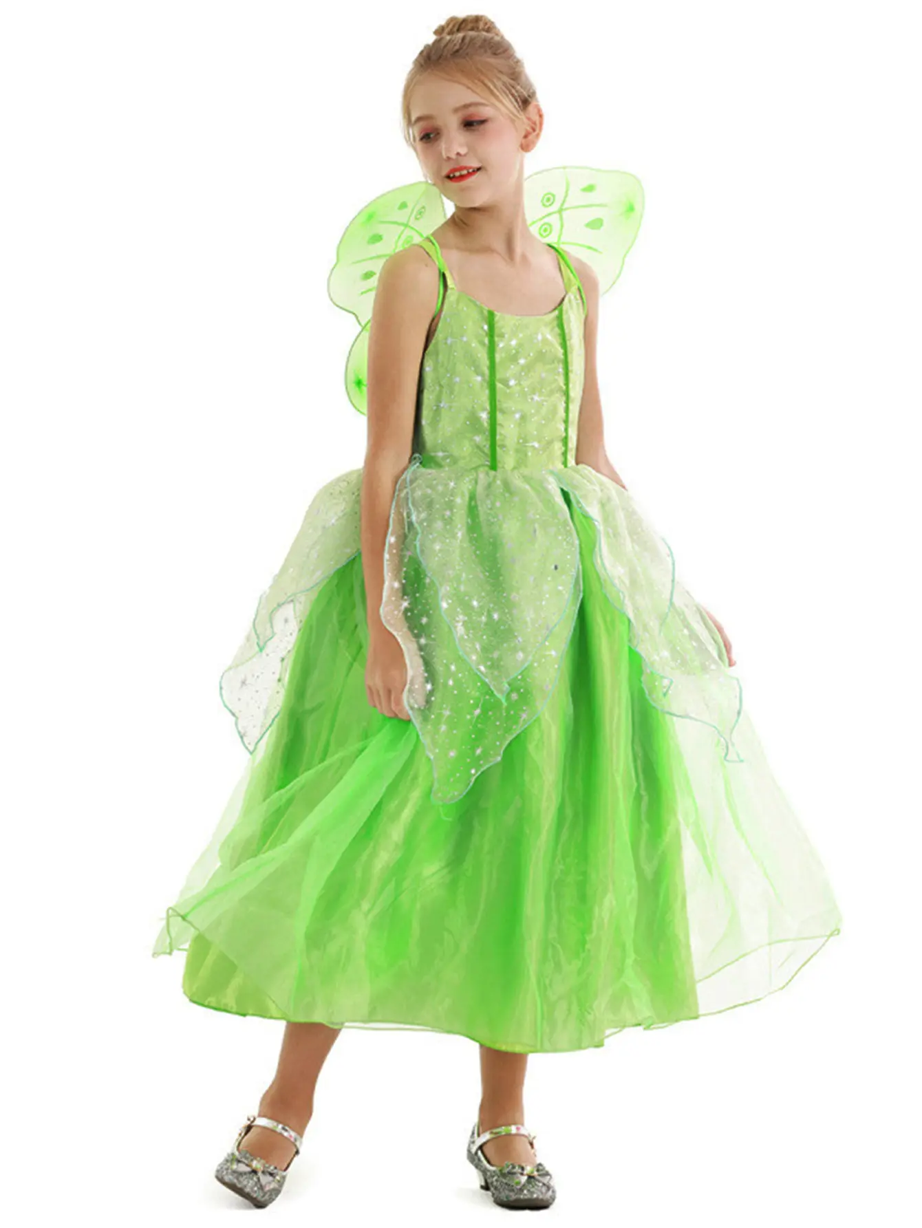 Little Girls' Green Fairy Tinkerbell Dress - Sleeveless Layered Tulle, Soft Polyester with Wings for 3-4 Years, Dress Up & Party Costume Accessory for Halloween, Birthday Cosplay