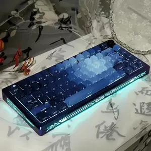 PBT Moonlit Keycaps Custom Dark Blue Shine Through Keycaps Cherry Profile 128  Side Print Key Caps Gradient Blue for Mechanical Keyboards 60% 65% 75% Backlit