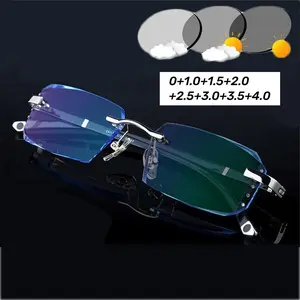 Luxury Outdoor Photochromic Reading Glasses Men Women UV Protection Far Sight Glasses Diamond Cut Rimless Presbyopia 0+1.0+4.0