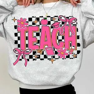 Floral Teach Checkered Coquette Bow Shirt, Teacher Floral Sweatshirt, Teacher groovy Hoodie, Teacher Shirt, Teach graphic Tee Cotton Crewneck