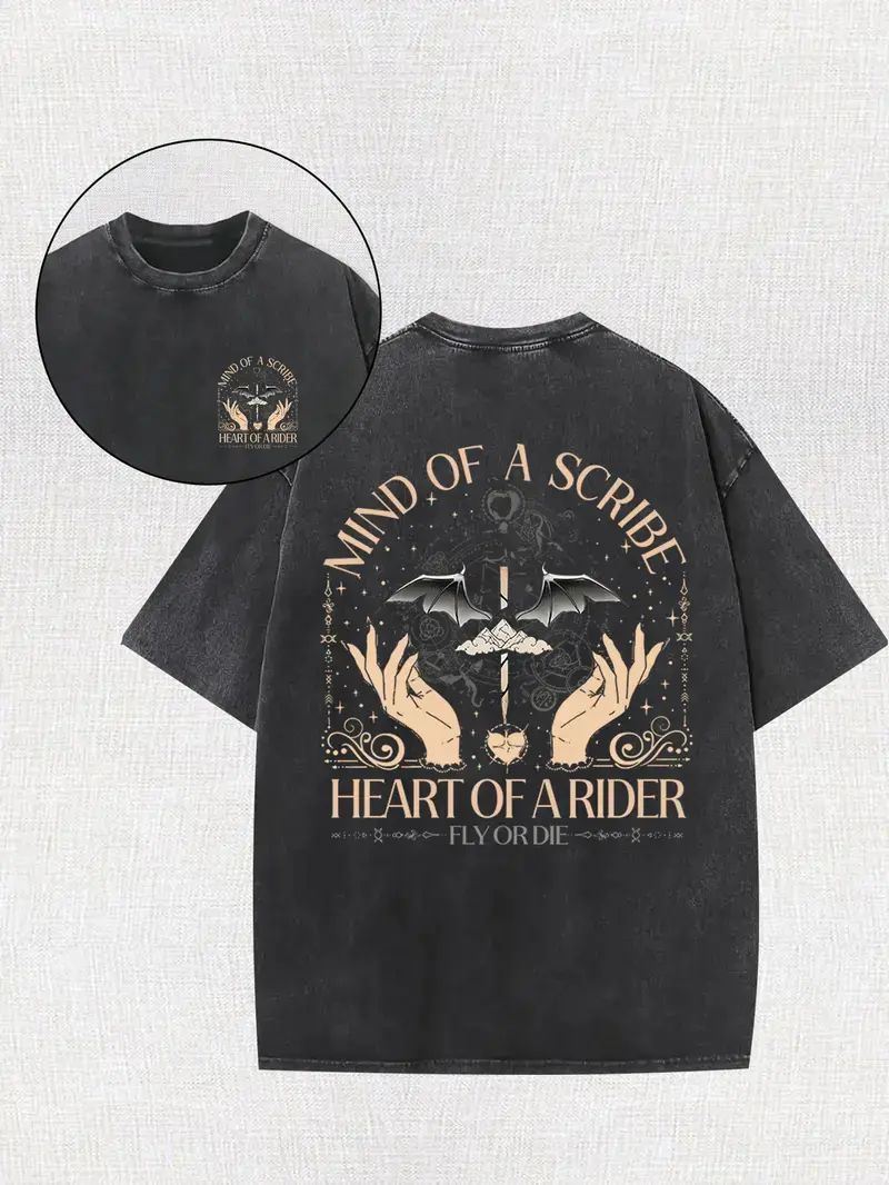 Vintage Brown Acid-Washed Oversized Heavy Cotton Crewneck T-Shirt, Front Tiny Hand Dragon Letter Logo & Back Hands Dragon Wing Mountain Mind Of A Scribe Dual-Sided Graphic Print, Loose Drop-Shoulder Unisex Casual Tee, Retro Dark Fantasy Grunge Streetwear