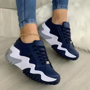Women's Thick-Soled Wedge Sneakers - Lace-Up Design, Cushioned Platform Heel, Navy Blue and White, PU Synthetic Leather Upper Decoration, Non-Slip Rubber Sole, Suitable for Daily, Office, and Formal Occasions - Four Seasons Comfortable Shoes, Versatile Ca