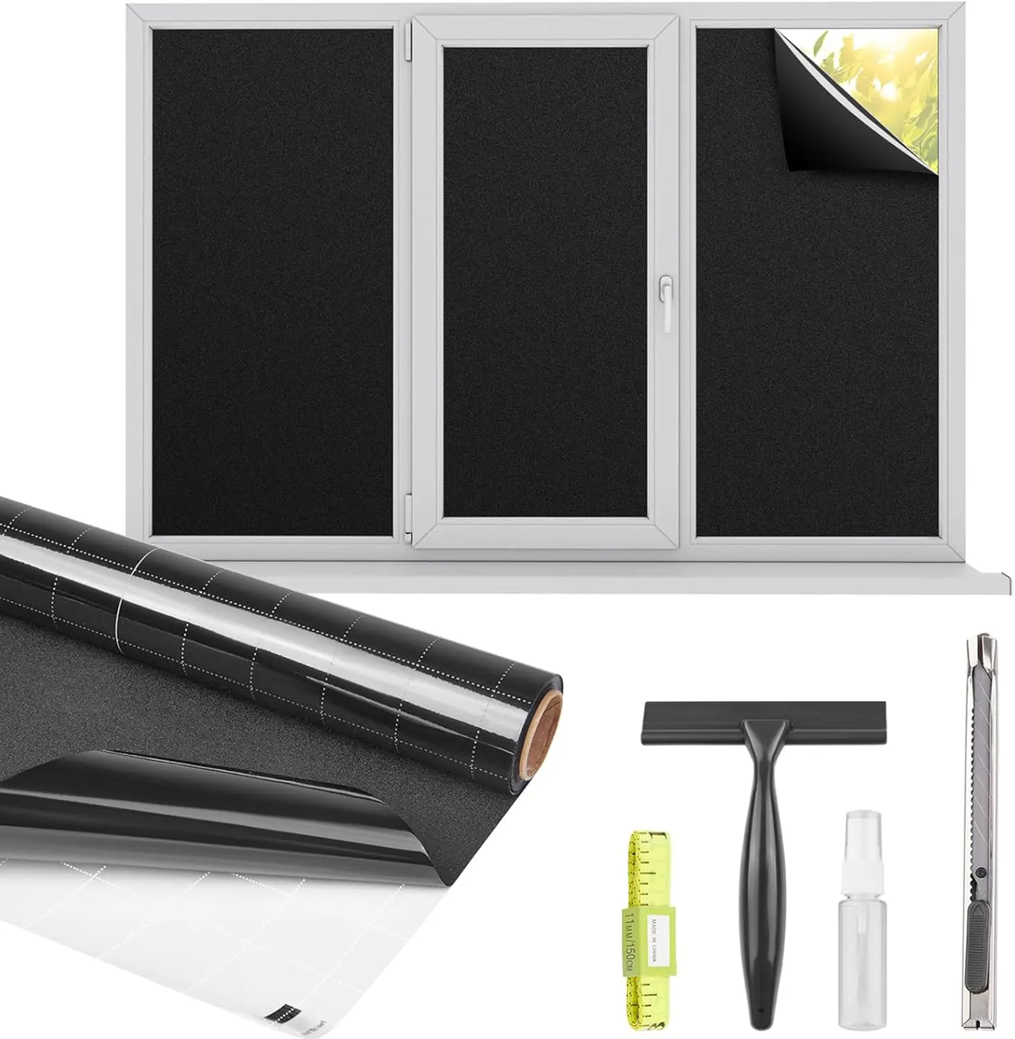 Blackout Window Privacy Film Total Light Blocking Room Darkening Window Covering, Removable Static Cling Frosted Glass Tint, Non-Adhesive, Black 17.5'' x 78.7''
