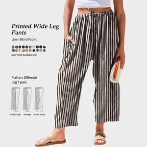 TARSE Womens Linen Blend Wide Leg Pants Casual Comfy Oversized Loose Fit Printed Summer Beach Travel Vacation Palazzo Trousers with Pockets