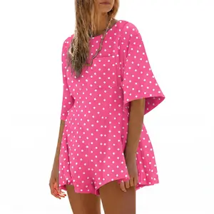 Imily Bela Rompers for Women Spring Outfits Summer Casual Polka Dot Short Sleeve Crew Neck Loose Jumpsuits with Pocket
