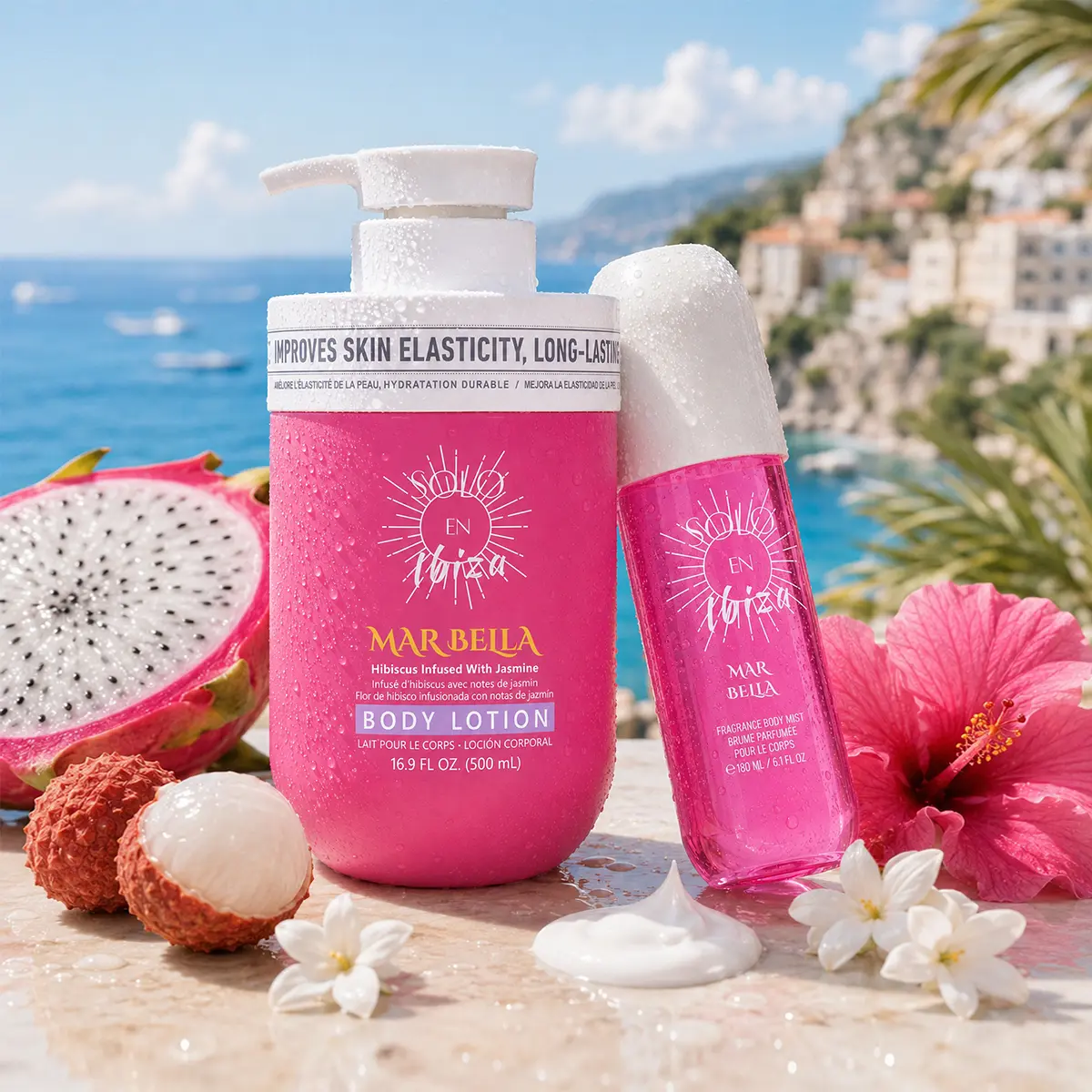 SOLO EN IBIZA Mar Bella Vanilla Fruit Floral Brightening Body Care Duo - 6.1 fl oz (180ml) Fragrance Mist & 16.9 fl oz (500ml) Body Lotion / Body Wash for Beach Days, Long-Lasting Tropical Aroma (Pitaya, Lychee, Jasmine)