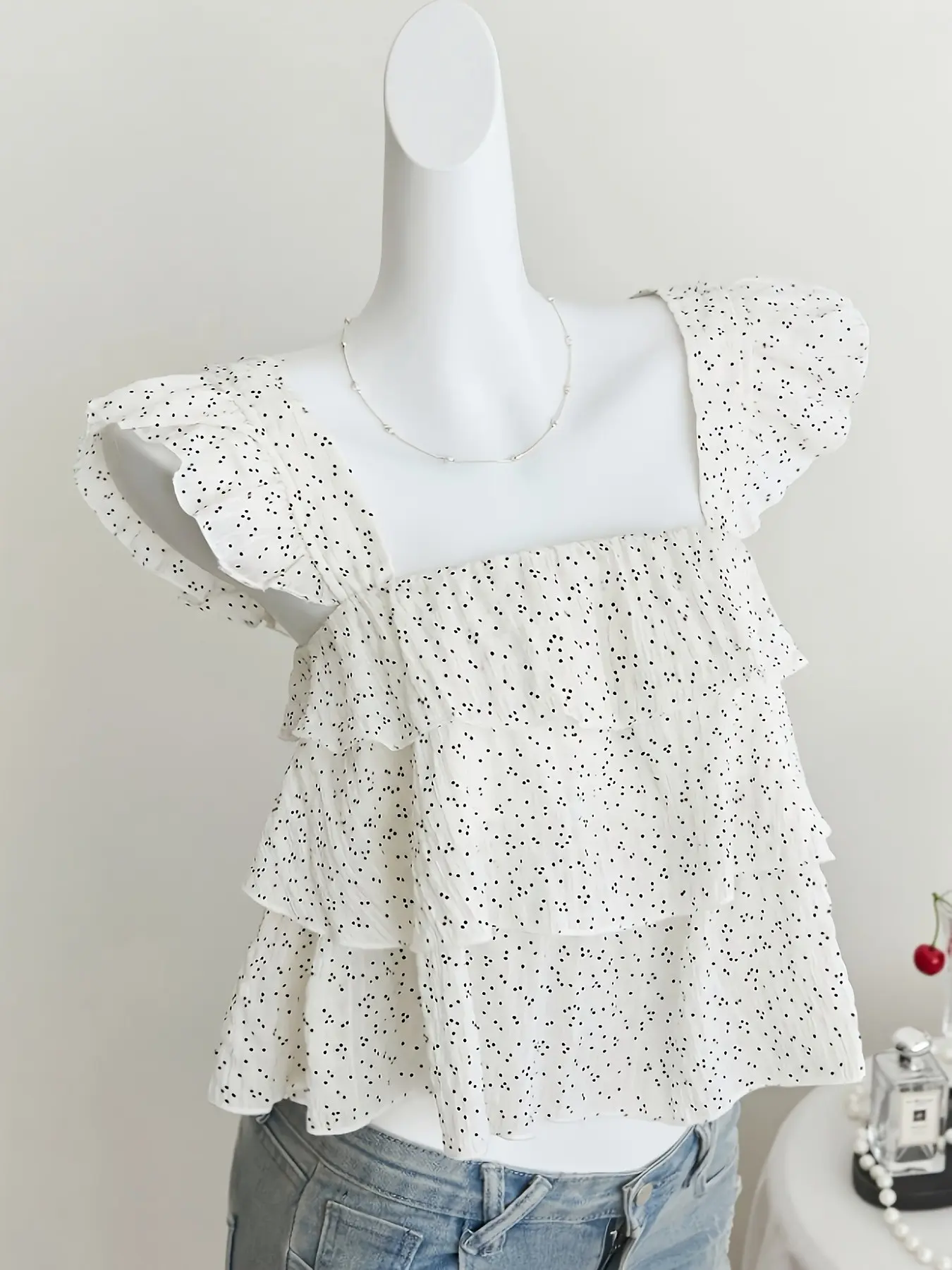 Women's White Polka Dot Square Neck Tiered Ruffle Top, Flounce Sleeve Sleeveless Cropped Blouse, Shirts, Womenswear, Coquette Style, Cute, Loose, Trendy Casual Outfit for Brunch, Everyday Wear, Feminine Versatile Staple for All Occasions