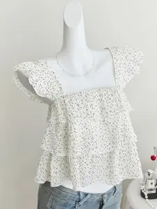 Women's White Polka Dot Square Neck Tiered Ruffle Top, Flounce Sleeve Sleeveless Cropped Blouse, Shirts, Cute Coquette Style, Trendy Casual Outfit for Brunch, Date Night, Vacation & Everyday Wear, Feminine Flattering Versatile Staple for All Occasions