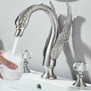 Swan Crystal Brushed Nickel 3 Holes Vanity Brass 2 Handles 8 inch Widespread Unique Bathroom Sink Faucets, Ornate Restroom Basin Taps Fixtures, 3 Pieces Bird Style Faucets (3 Hole, Brushed Nickel)