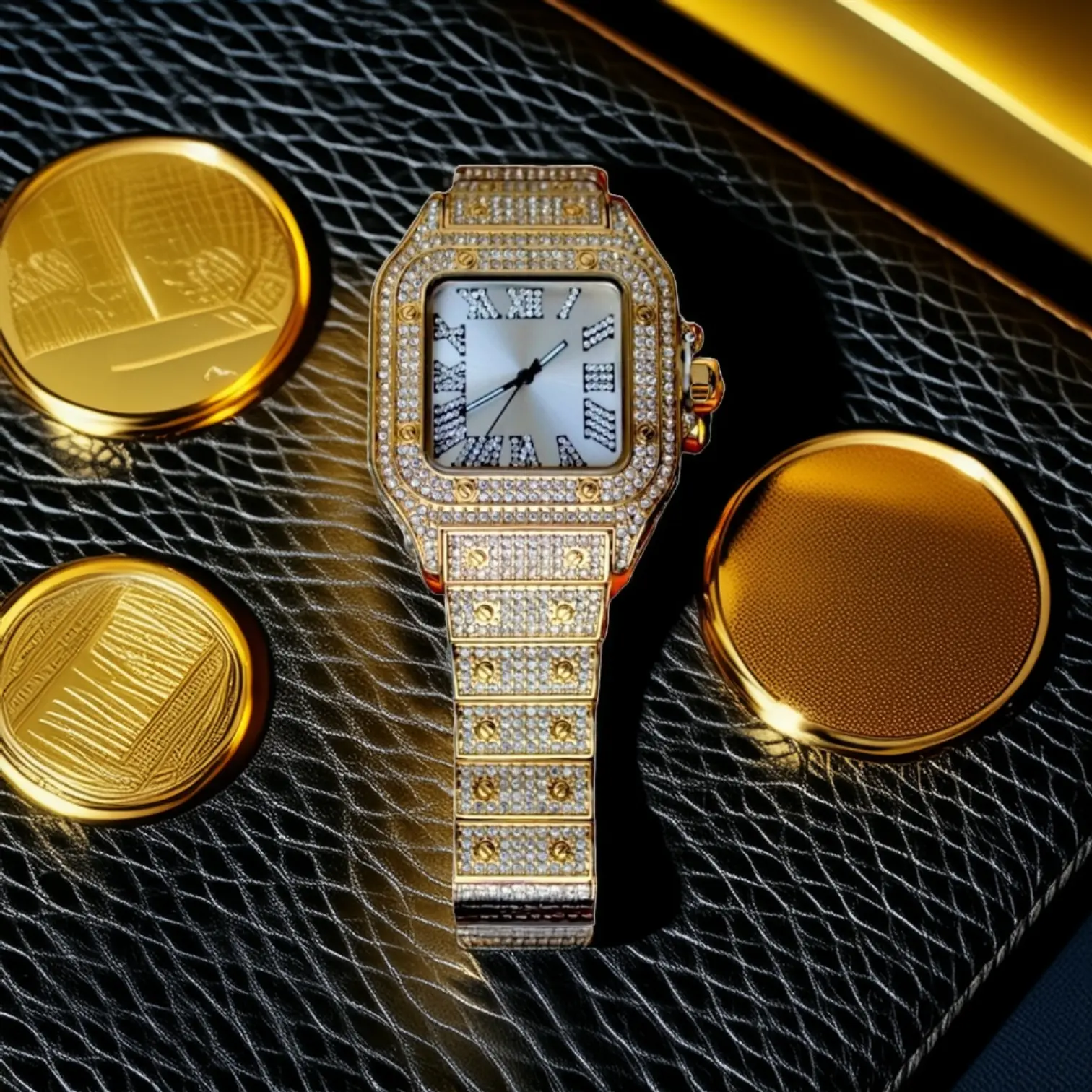 Unisex Luxury 40mm Square Analog Quartz Watch, Stainless Steel, Crystal-Encrusted Bezel, Roman Numeral Markers, Rhinestones