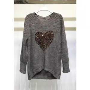 Sequin heart crochet long sleeve sweater