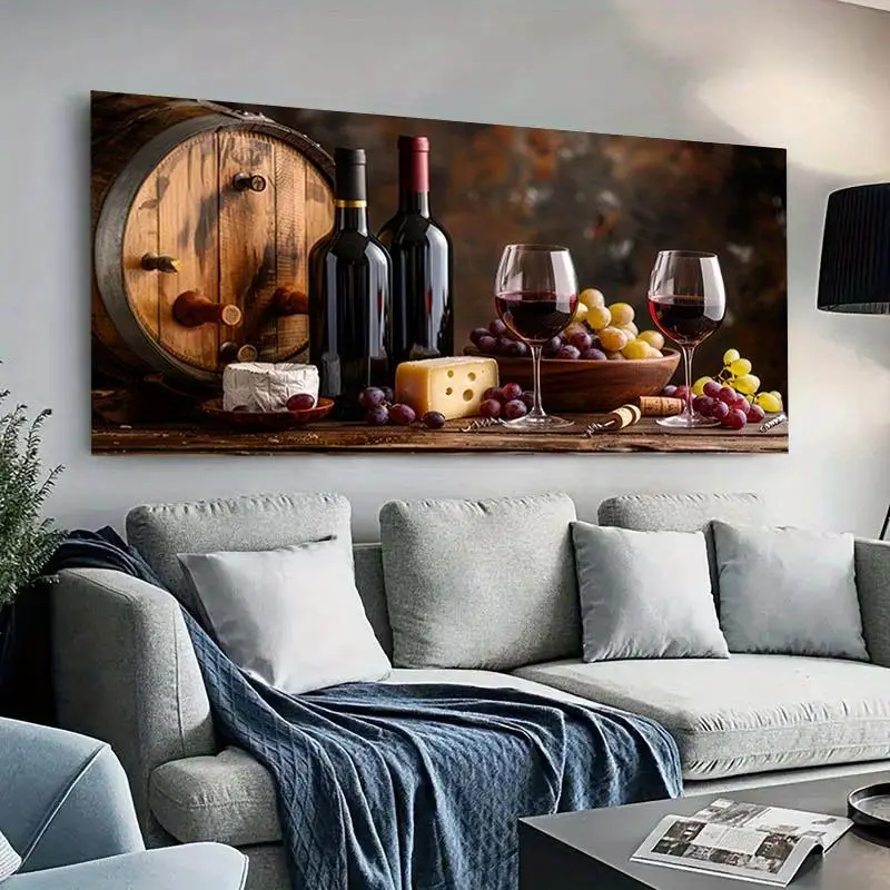 1 Framed Canvas Wall Art - Modern Wine Scene with Grapes and Cheese, Rustic Warm Background, Modern Home Decoration for Living Room, Dining Room