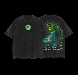 Pocket Monsters "Bulbasaur" Vintage Unisex Oversize Anime Manga Acid Washed Heavyweight Cotton T-shirt for Fans