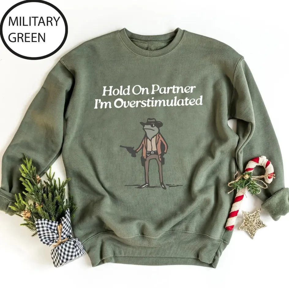 Hold On Partner Im Overstimulated Sweatshirt Shirt, Cowboy Frog Shirt, Cowboy Frog Unhinged Sweater, Cute Animal Sweatshirt, Funny Frog Tee