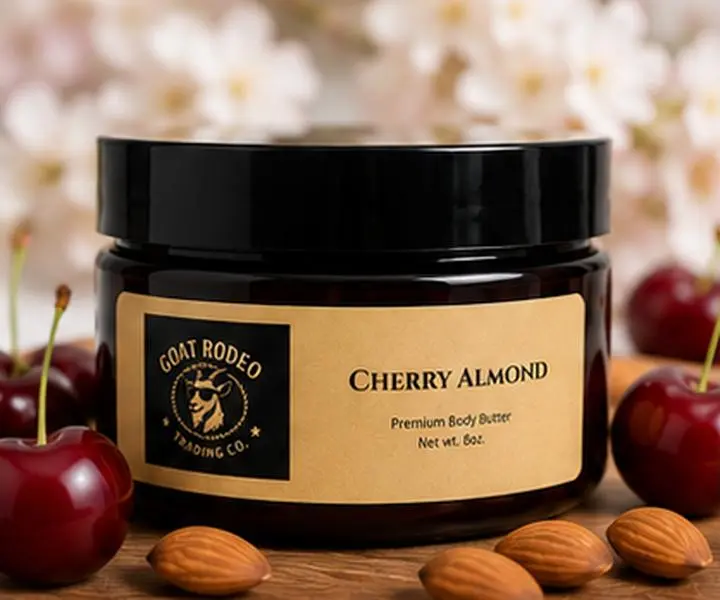 Goat Rodeo Trading Co. Cherry Almond Scent Coconut Oil-Based Whipped Body Butter - Ammonia-Free Moisturizer with Extra Virgin Olive Oil, 24 Months Shelf Life, for Silky Smooth Skin, Unisex Everyday Self-Care Single Item, Hydrating Moisturizer