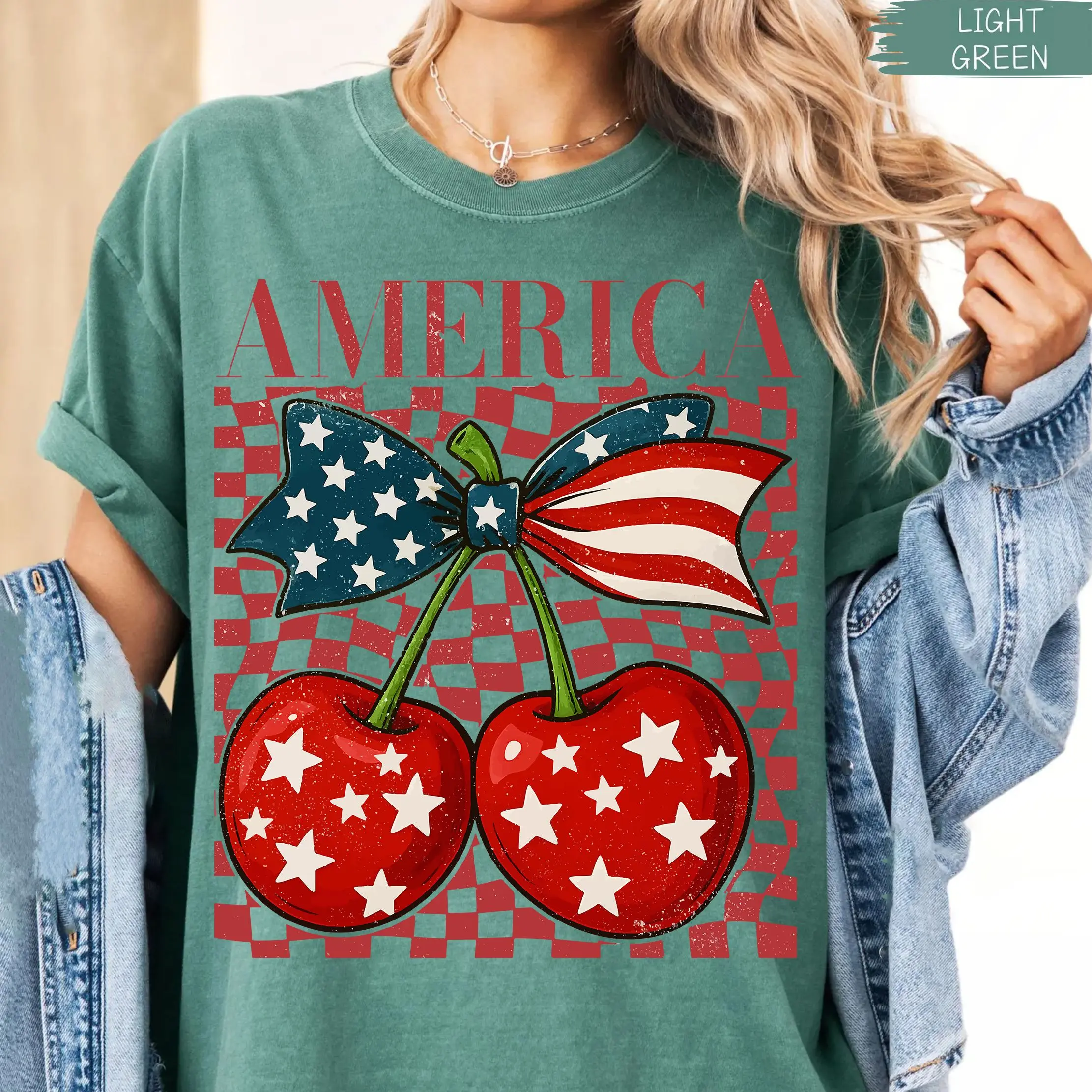 Comfort Colors Coquette Bow Cute Cherry America Checkered 4th Of July Girly Shirt, Retro Preppy Cherry Patriotic Fourth Of July Independence Day Graphic Tee