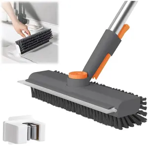 3-in-1 Floor Scrub Bathtub Brush with Long Handle, Double-Sided, Heavy-Duty Stiff Bristles & Squeegee – Scrape & Scrub for Shower, Bathroom, Patio, Garage, Kitchen, Wall & Deck – Home Cleaning Essentials