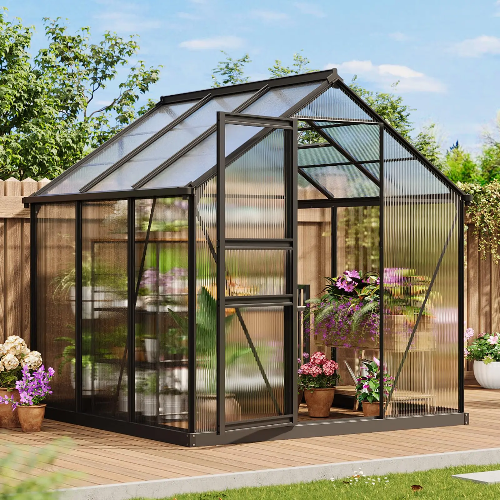 Garvee 6x6 FT Large Size Adjustable Outdoor Walk-In Greenhouse, 99.9% UV Shield Polycarbonate Build, Vented Roof Window, Heavy-Duty Aluminium Frame, 97.9 lbs, Exceptional Protection for Plants for Backyard Patio Gardening