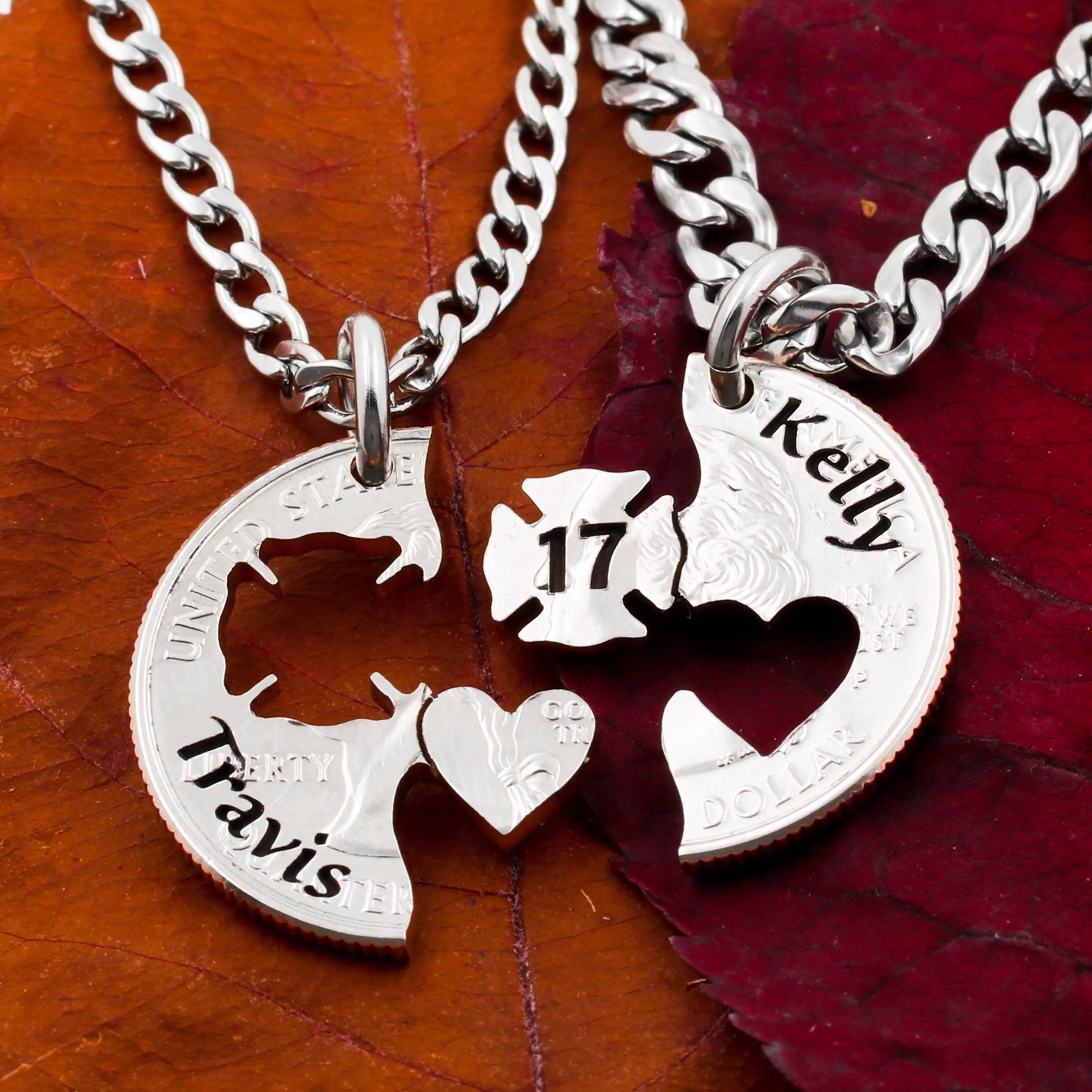 Firefighter Love Couples Necklaces, Engraved Names and Firefighter Number, Firefighters Spouse, Wife or Husband, Hand Cut Coin