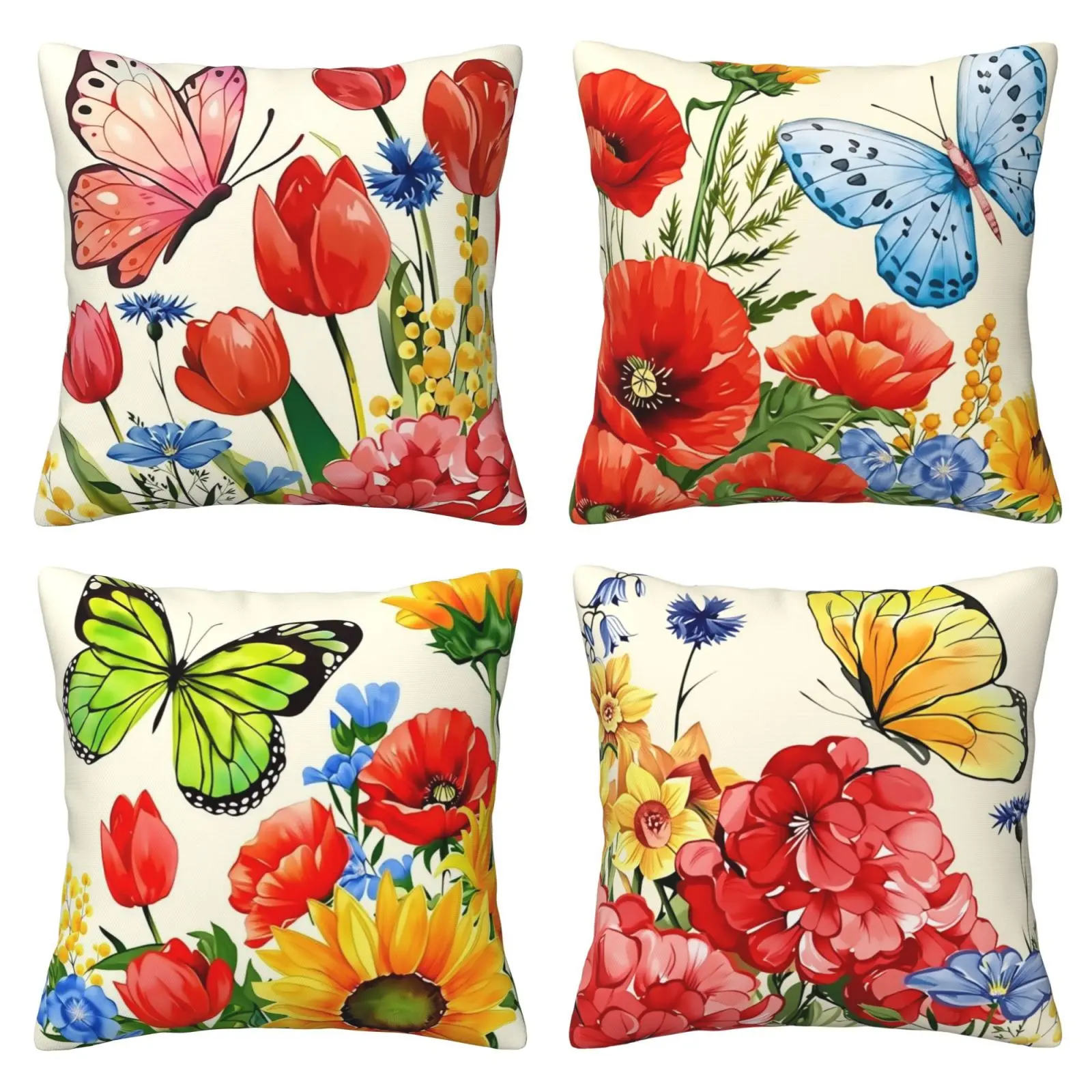 Spring and summer floral butterfly decoration pillow cover, sunflower poppy tulip geranium floral pattern, suitable for outdoor home decoration in porch, seasonal narcissus wildflower sofa cushion cover, 4-piece set double-sided printing