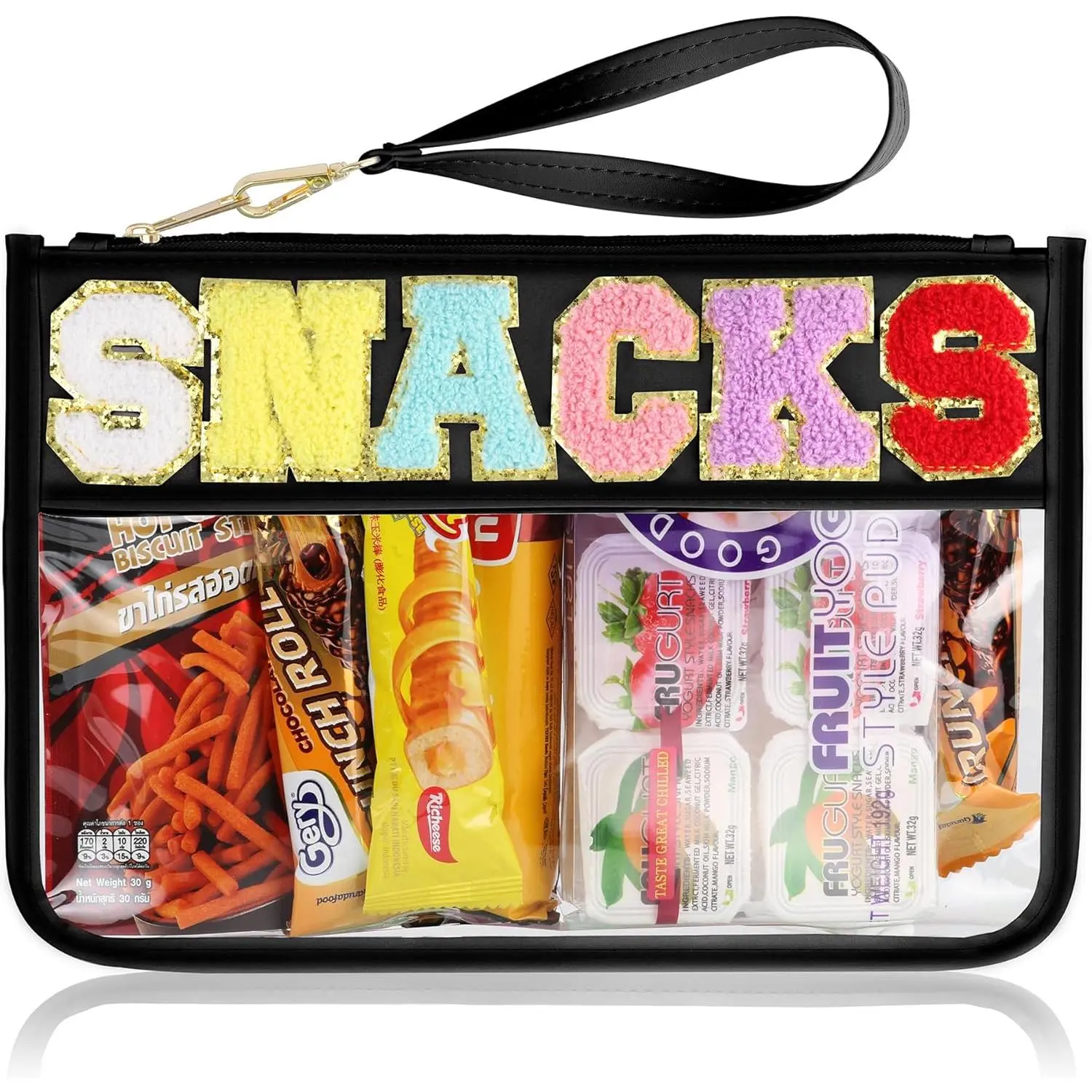 Snack Bag for Travel - Clear Chenille Varsity Letter Flat Pouch with Zipper,  Clear Nylon Preppy Patch Makeup  tote Bags for Women Girls