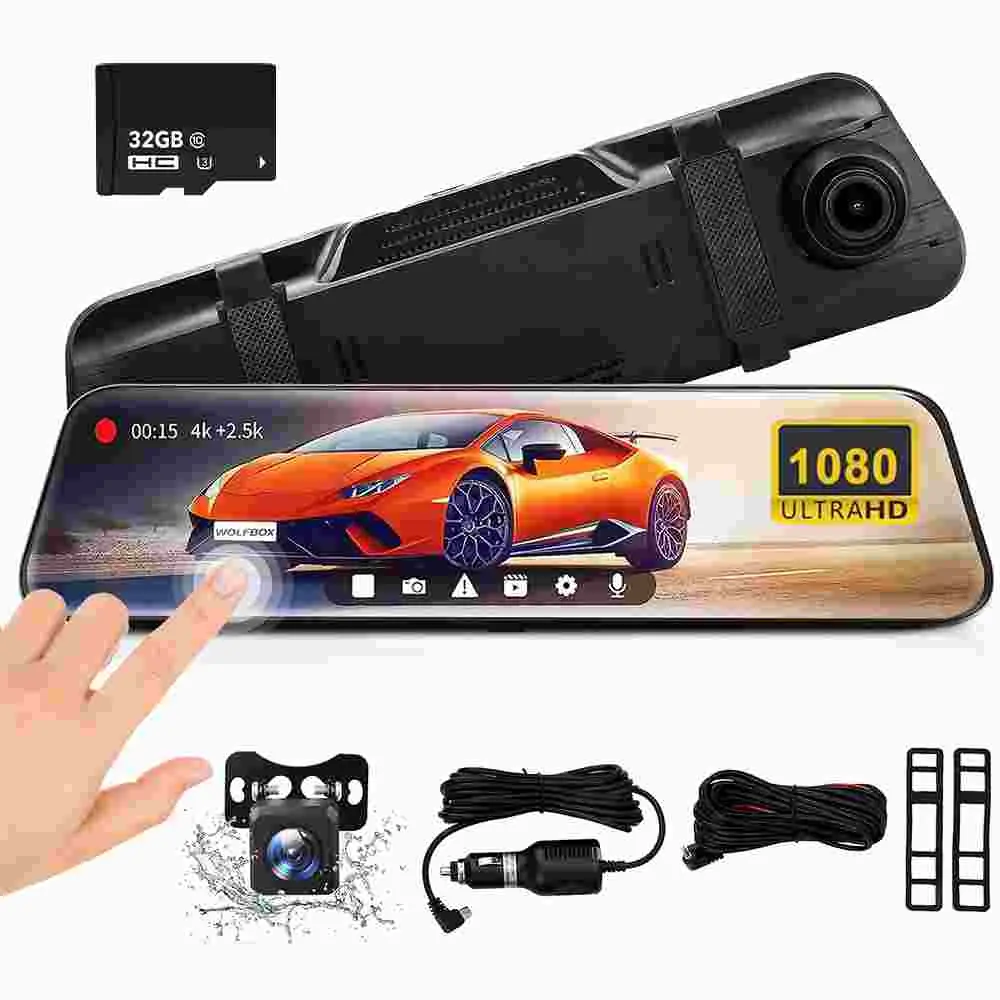 10 Inch Full Touch Screen Rearview Mirror Dash Cam, 1080P Front And Rear Dual Lens Car DVR With Free 32GB TF Card Night Vision Loop Recording