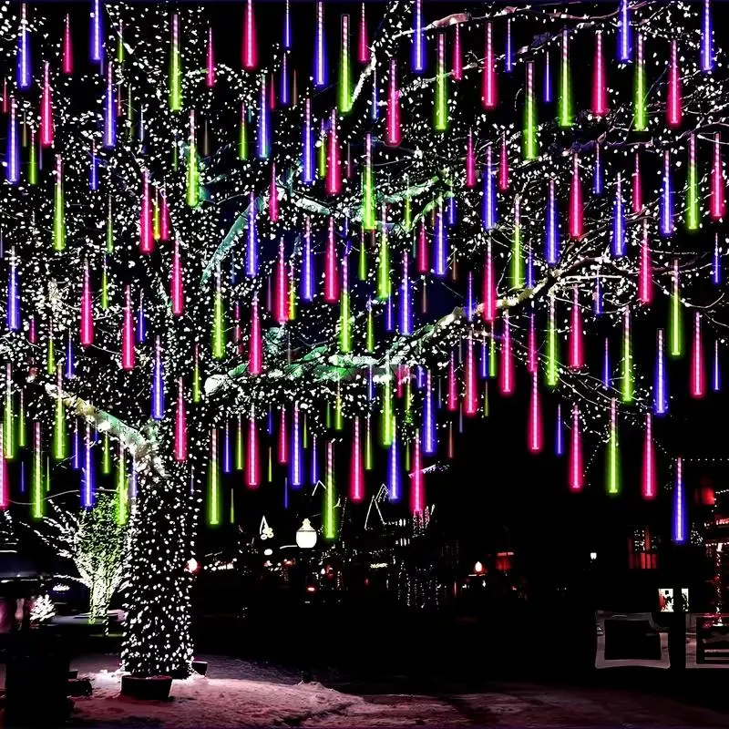 Meteor Shower Christmas Lights, Colorful Cascading LED Tube Lights for Outdoor Trees, Patio, Garden, Wedding & Holiday Decor