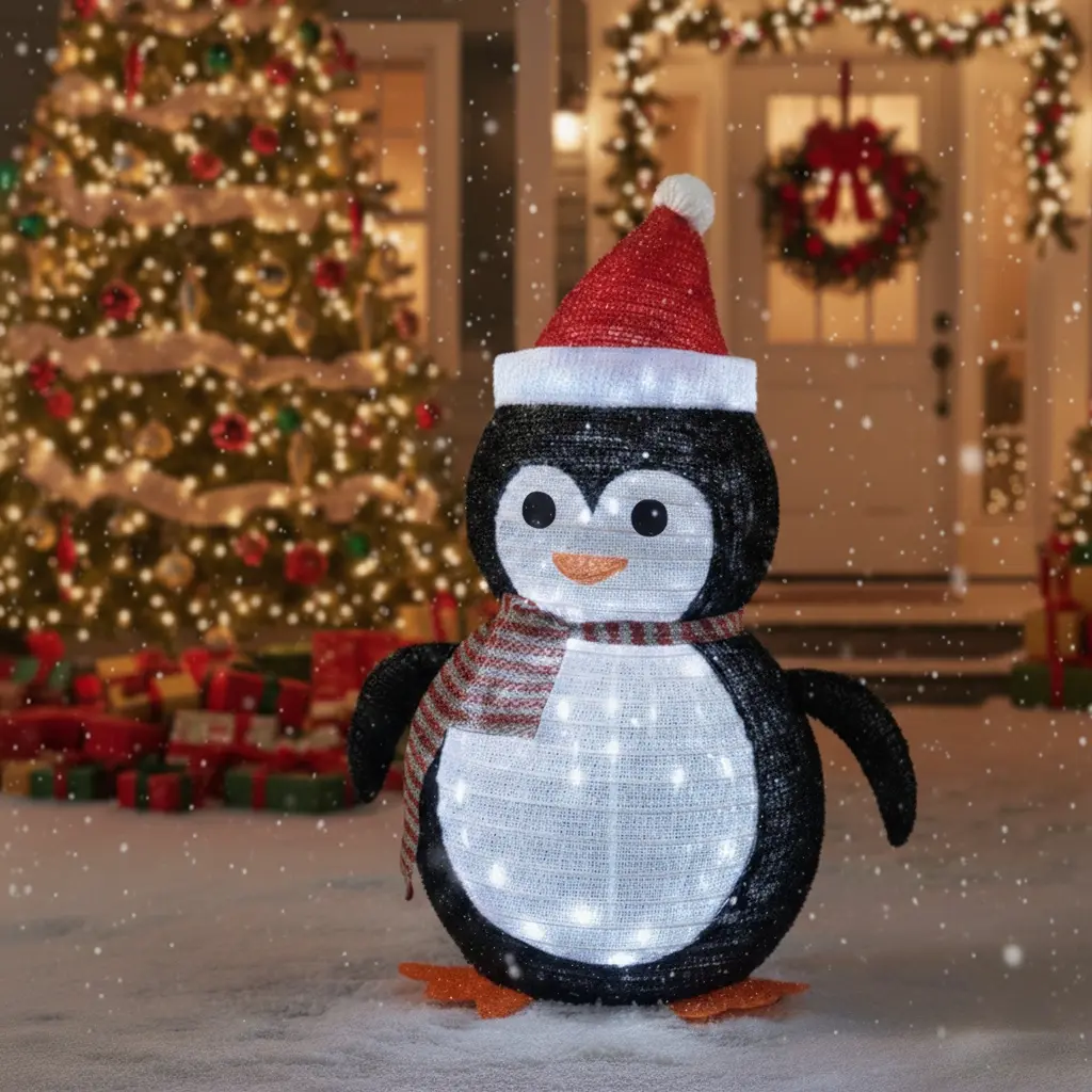 LED Lighted Christmas Penguin Decoration Lantern - Collapsible Metal Frame Home Decor Ornaments, 45 Cool White LEDs, Waterproof Cordless Battery-Operated with Timer, Family Outdoors Party Lighting Decoration for Indoor Porch Lawn