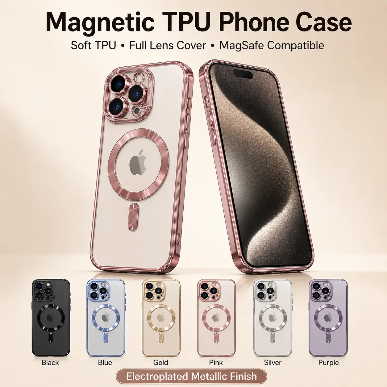 Electroplated Rose Gold Magnetic Phone Case, Clear Soft TPU Full Lens Cover for iPhone 17 16 15 14 13 12 11 X Plus Pro Max, Slim Daily Cover