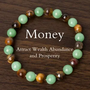 Green Aventurine Bracelet with Tiger Eye, Beaded Natural Crystal Money Attraction Charm for Prosperity, Wealth & Abundance, Money Attraction Bracelet