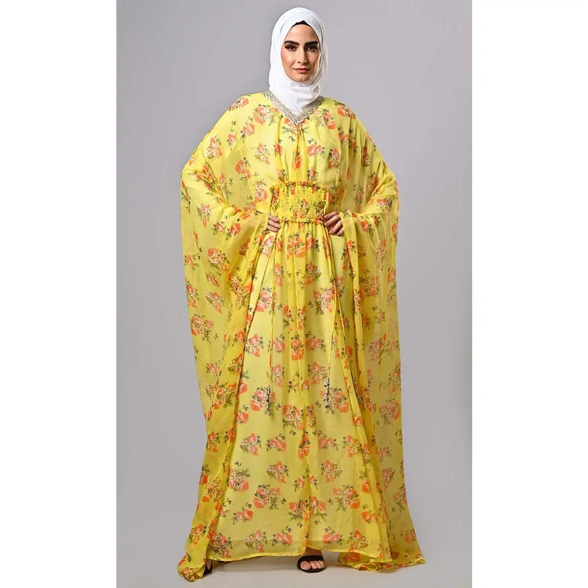 Modest yellow floral printed kaftan abaya with lining and tassels