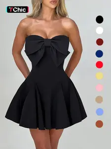 Women's Bow Decor Backless Tube Short Fitted Dress, Fashion Casual Strapless Sleeveless Fit and Flare Dress for Daily Outdoor Wear, Women Dress for Spring Fall