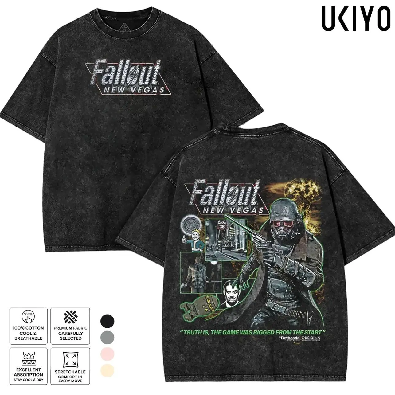 Fallout New Vegas Graphic Tee Vintage Mineral Wash Oversized T-Shirt Heavyweight Cotton Streetwear Retro Post Apocalyptic Gaming Merch Gothic Dark Grunge Aesthetic Clothes Men Q52