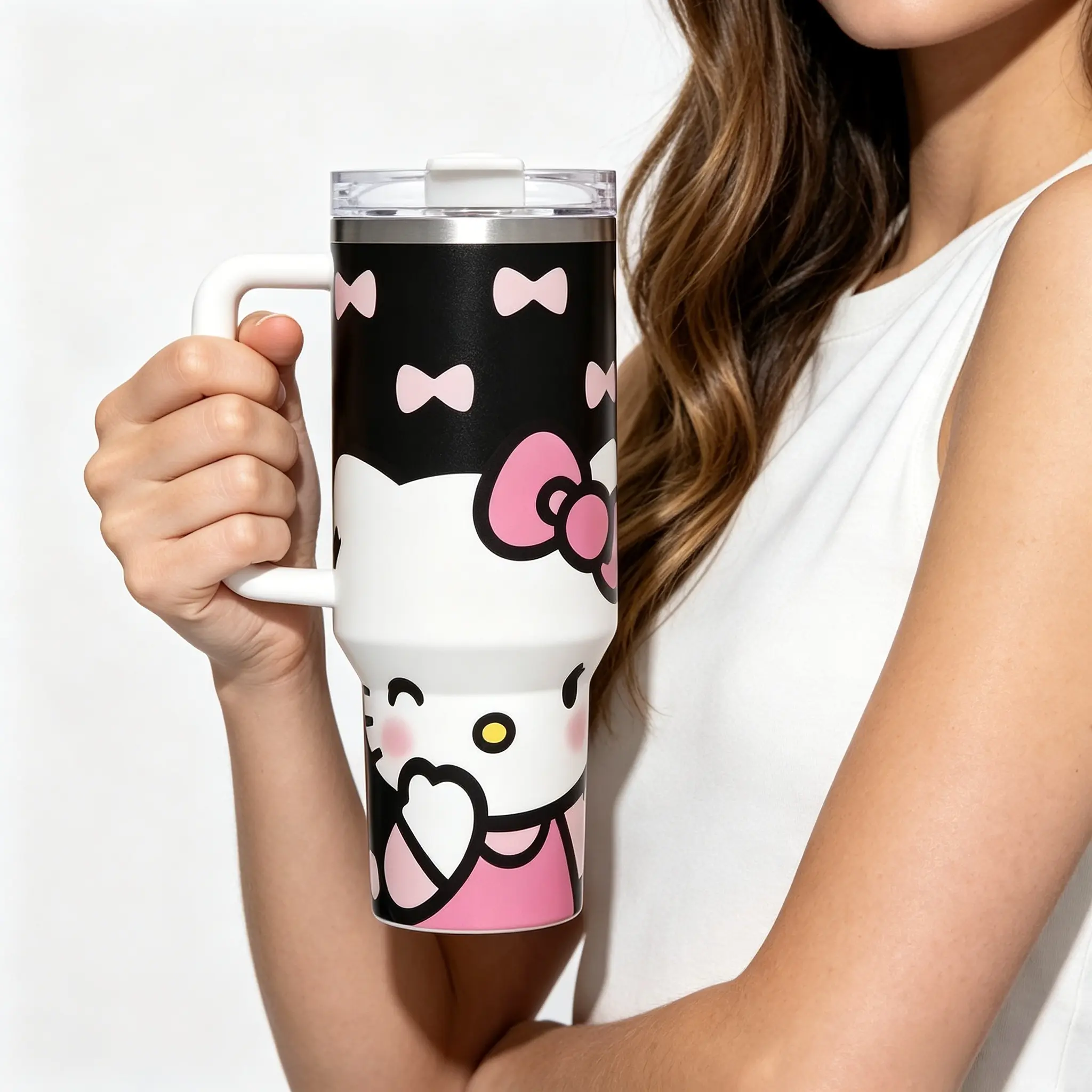Sanrio Hello Kitty 40oz Black Insulated Cold Drink Tumbler, Portable Reusable Car Mug, Kawaii Style Cute Accessory for Lovers, 1000-2000ml Fun Touch Home Supplies Cup for Women