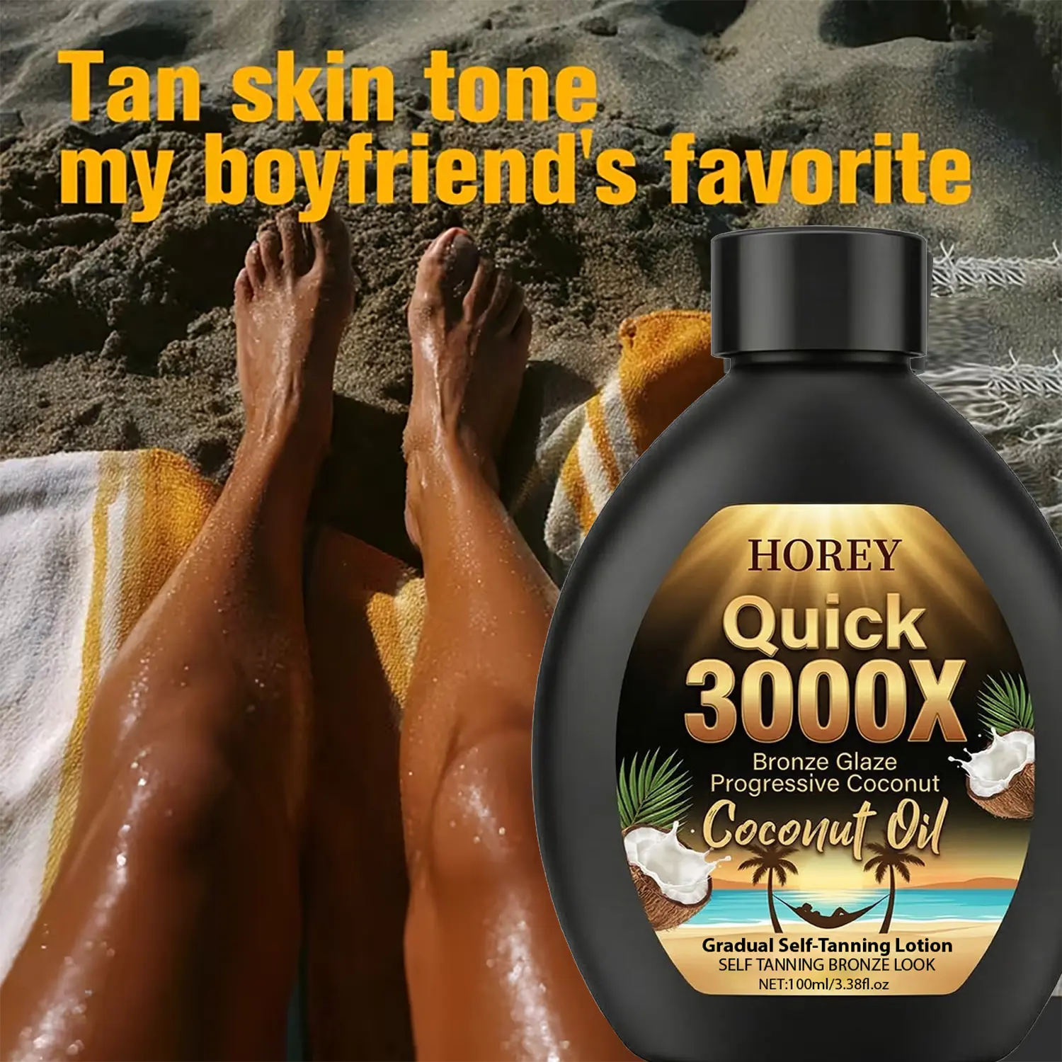 HOREY 3000X Summer Coconut Tanning Lotion—Enriched with coconut extracts—Easily achieve your own sun-kissed glow this summer—Gradual tanning—Creates a natural, radiant tan—Tanning + Moisturizing—Sunless Tanners