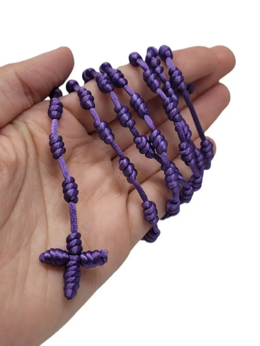 Knotted Rosary Necklace Unisex Handmade Rope Necklace Boho Spiritual Cross Necklace Adjustable Catholic Style Jewelry