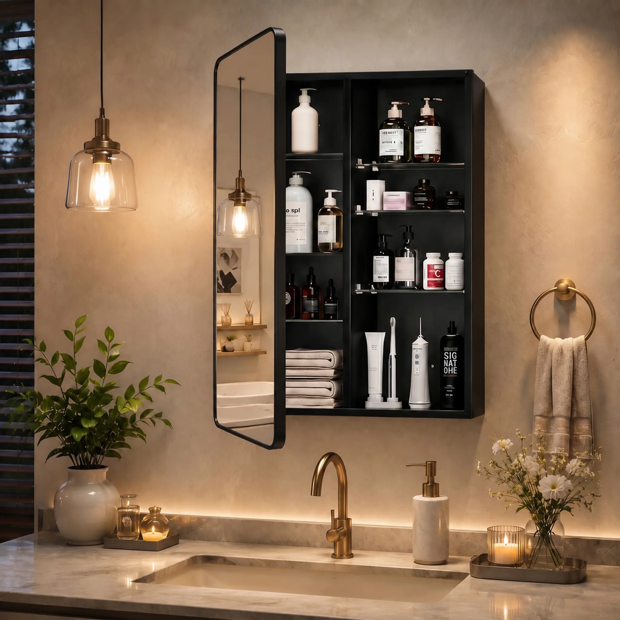 24x32 In Large Matte Finish Aluminium Bathroom Medicine Cabinet with Mirror - Corrosion Resistant, Durable, Adjustable Storage Cabinet, Recessed/Flush Mount, Pre-Assembled, Customizable Shelves, Center Divider for Tall Bottles, Soft Close Hinges