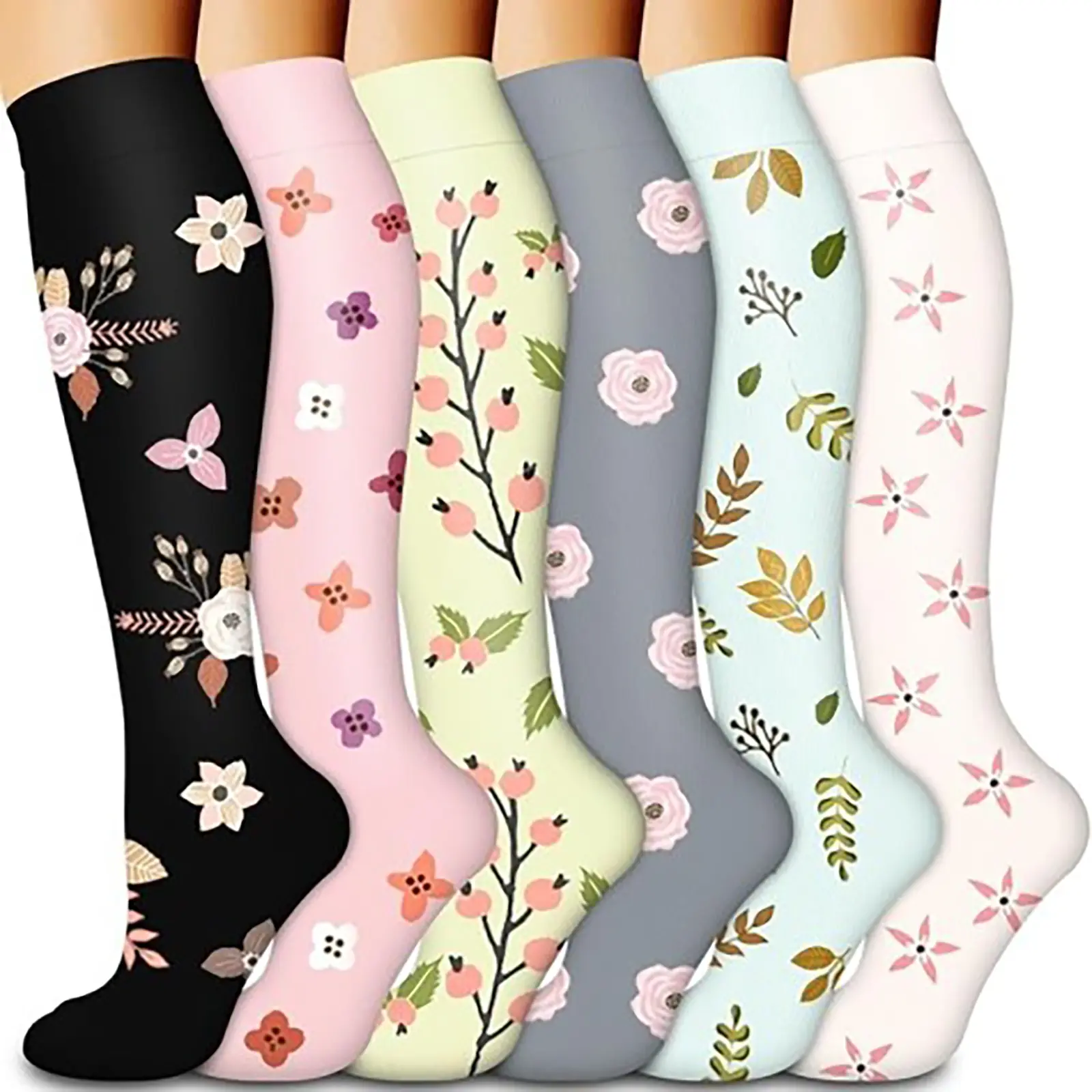6 Pairs of Floral Compression Socks for Running and Sports - Breathable Cotton Socks with Anti-Slipping and Friction Design,Running,Travel & Circulation,Graduated Support
