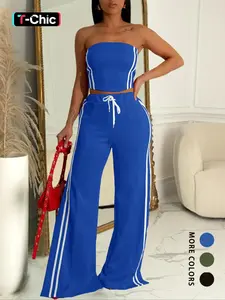 Women's Side Stripe Sleeveless Tube Top & Wide Leg Pants, Casual Fashion Cozy Fitted Clothing Set for Daily Outdoor Wear, Women Clothes for Spring Fall, Womenswear
