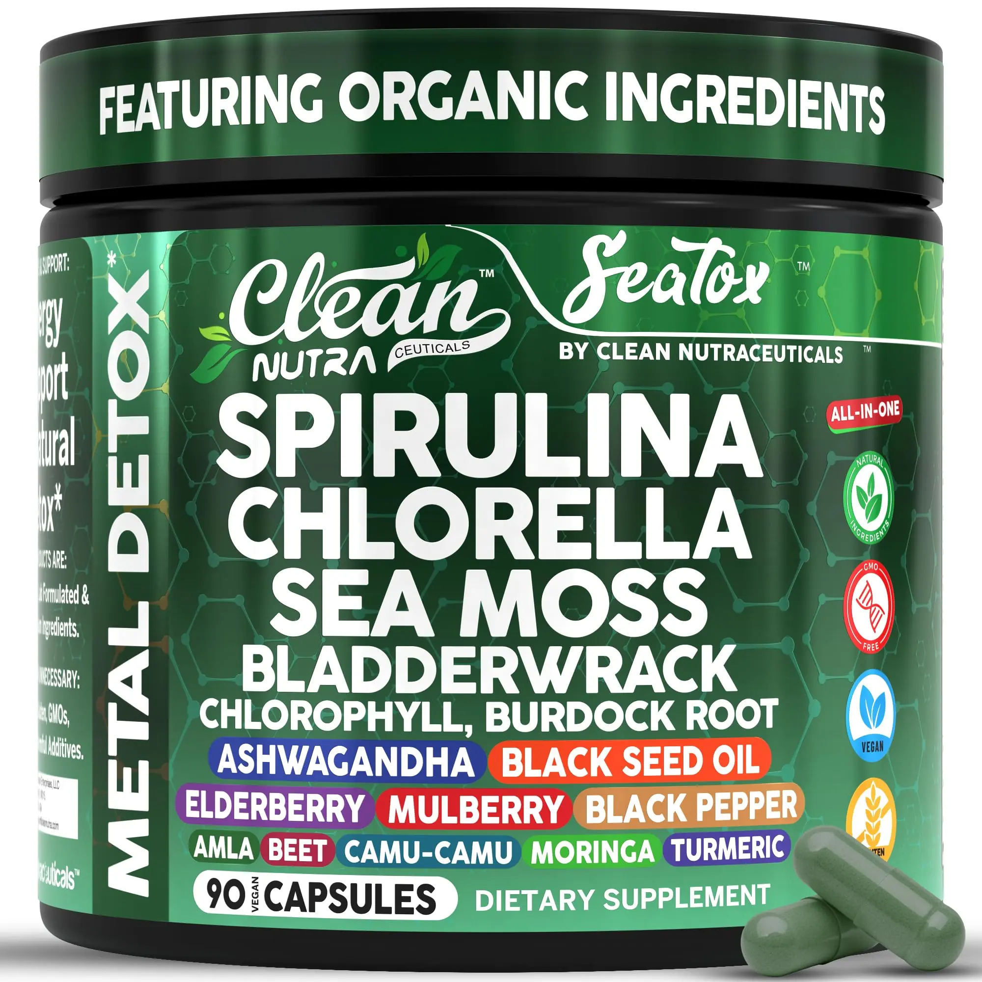 Clean Nutra Spirulina, Chlorella, Sea Moss, Bladderwrack, Elderberry, Ashwagandha & More for Daily Detox & Immune Balance Support Capsules – SeaTox