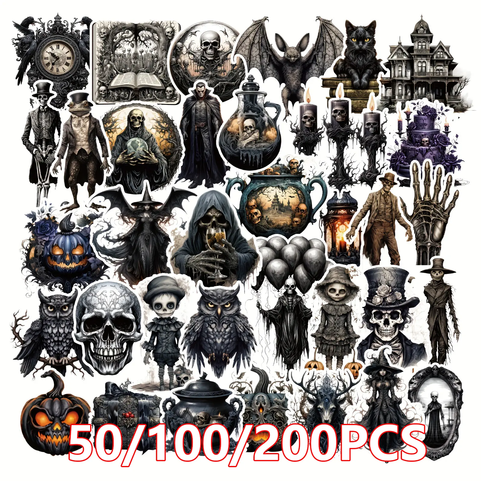 50/100/200PCS Halloween Dark Series Stickers Gothic Graffiti Decals Junk Journal Skateboard Notebook Phone Laptop Party Decoration