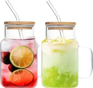 Mason Life 20oz Clear Square Glass Cups with Bamboo Lids and Straws, Iced Coffee Mug, Travel Tumbler with Handle for Iced Coffee, Smoothie