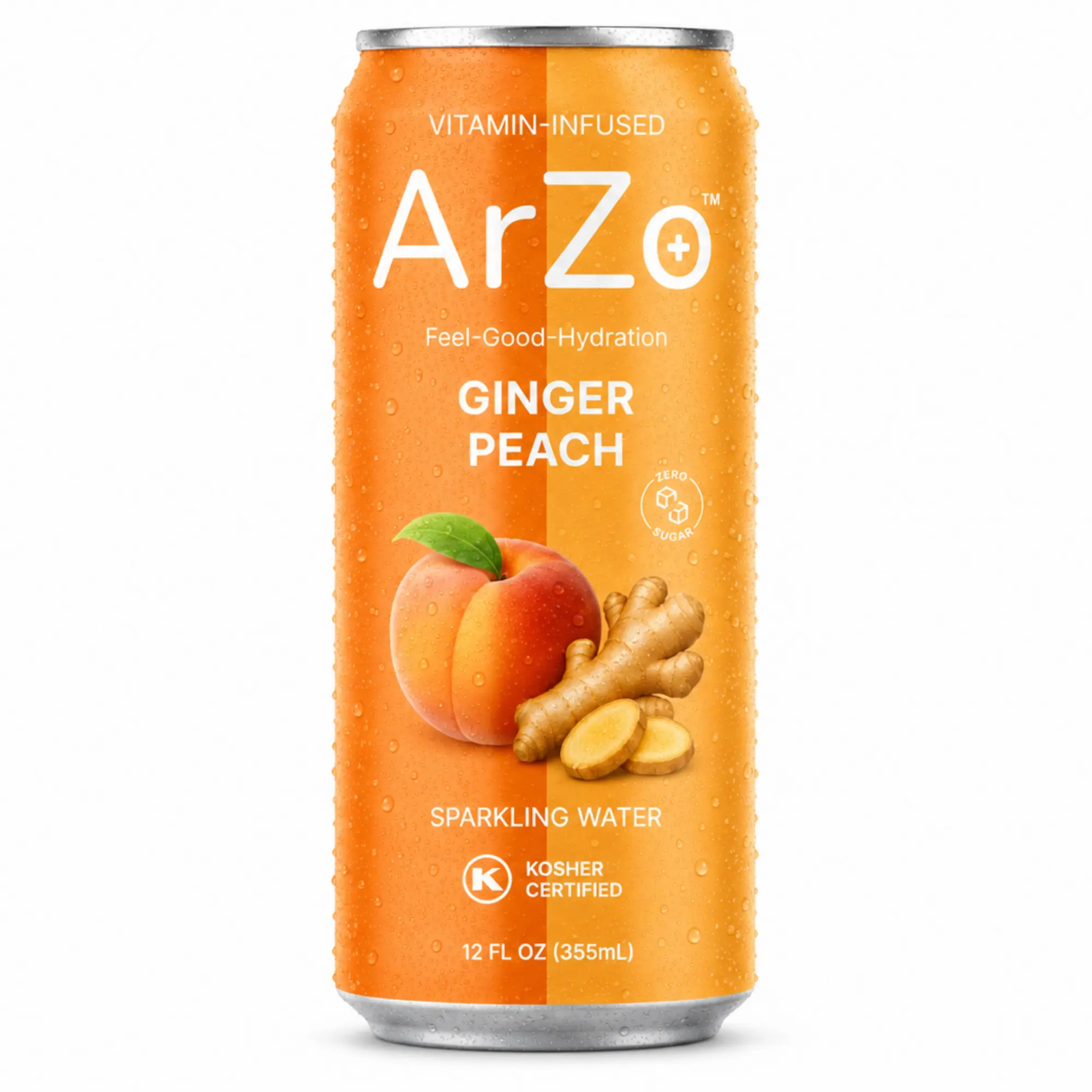 8 Pack Ginger Peach Vitamin Infused Sparkling Water by ArZo water, Zero Sugar, Low Calorie Drink with Vitamin C, D, B6 & L-Theanine, 12oz Cans