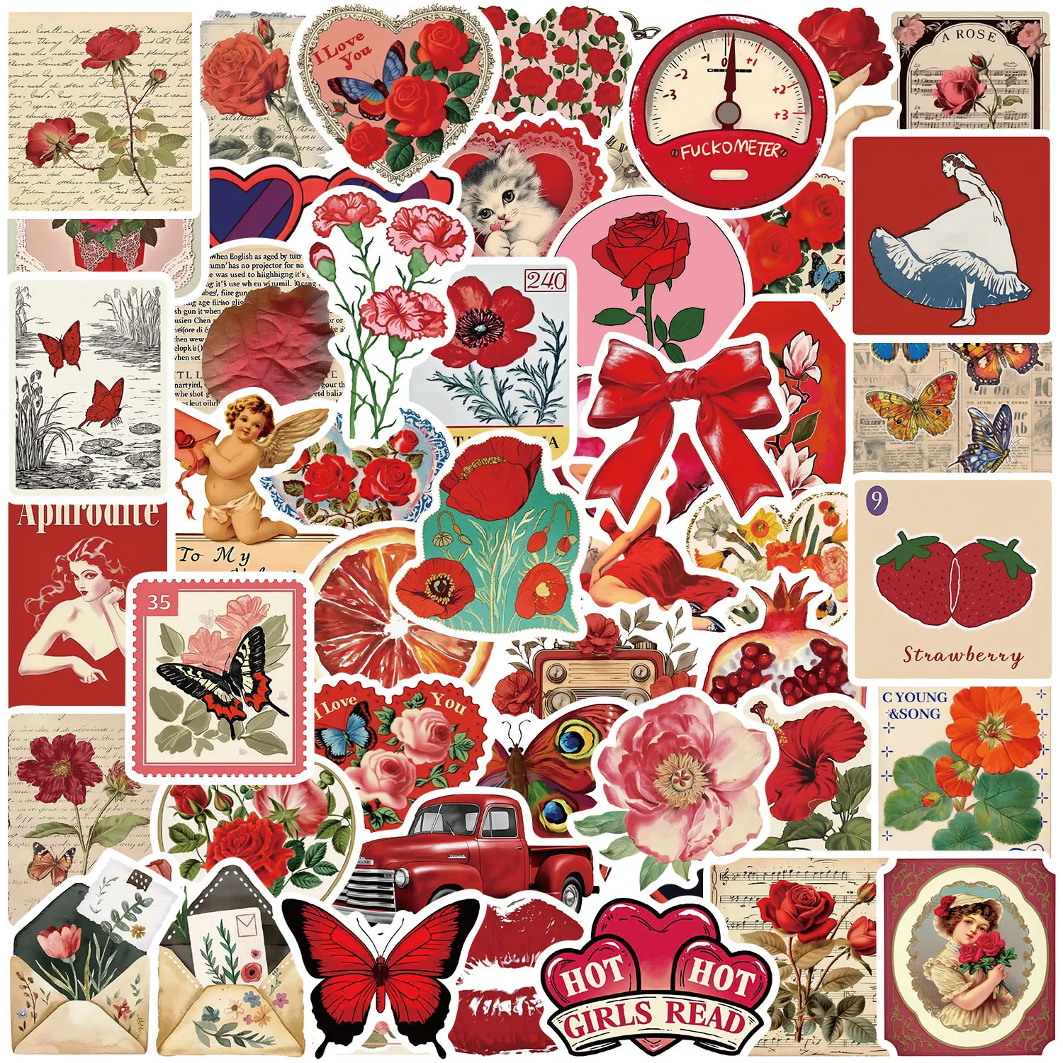 100-Pcs Durable Vintage Aesthetic Waterproof Vinyl Stickers Pack - 2 Theme Sets (Romantic Red, Retro Japanese Style) for Universal Smartphone, Cellphone, Handheld Devices, Scrapbookers, Electronics Accessories Decal, Casing