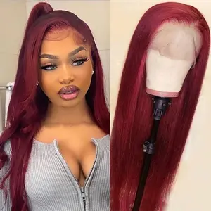 Free Parting Burgundy Lace Front Wigs for Women Pre Plucked Hair Line 180% Density Lace Frontal Wig Black Red Long Straight Heat Resistant Soft Wig Glueless Hair Replacement Wigs for Party Daily Use 26 Inch